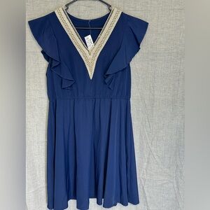 Unknown Brand, Navy Midi Dress with Crochet V-Neck